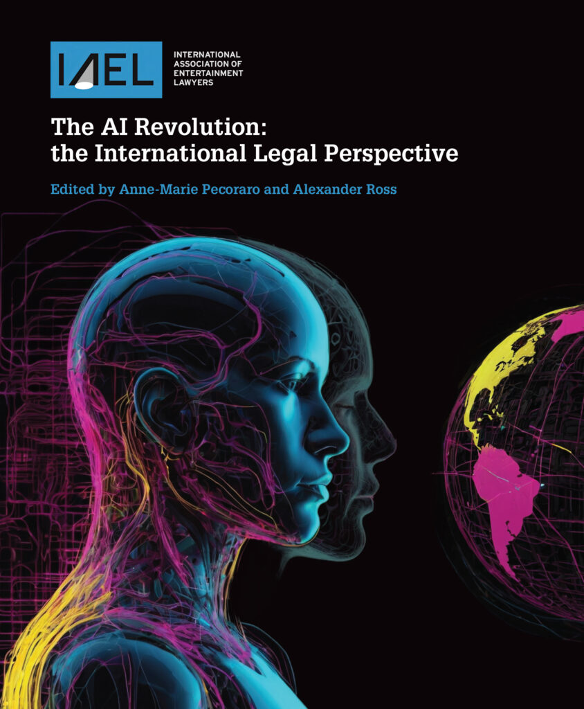 This image is the front cover of the book The AI Revolution: the International Legal Perspective. It depicts an AI generated human profile.